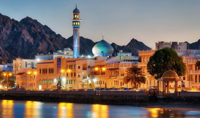 Muttrah Corniche in Muscat lit up at night