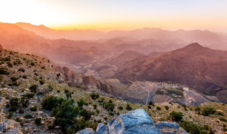 Scenic view of Al Hajar mountains in the Sultanate of Oman at sunset