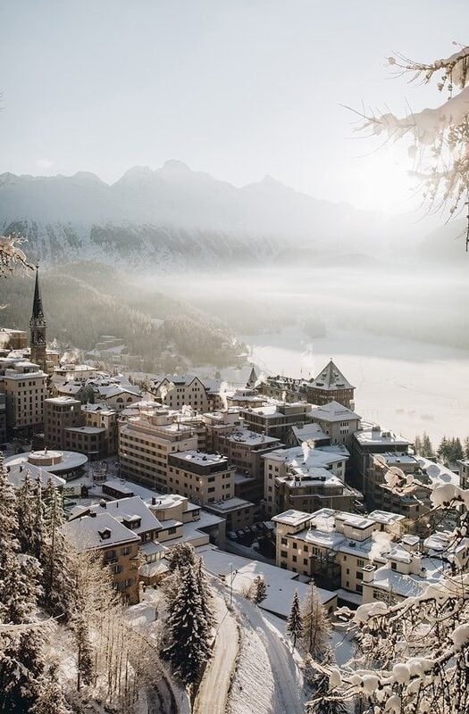 Aerial view of Badrutt's Palace, switzerland, covered in snow