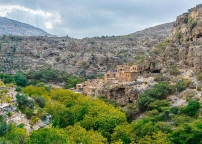 View of ruins of an abandoned village at the Wadi Bani Habib at the Jebel Akhdar mountain in Oman