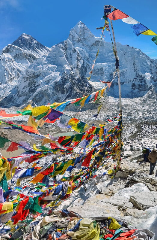 View of Mount Everest and Nuptse with buddhist prayer flags