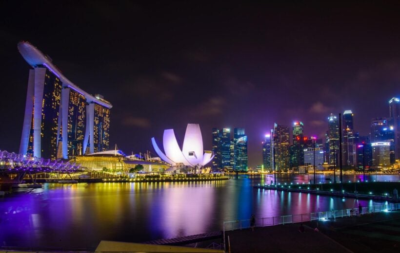 The skyline lit up at night in Singapore