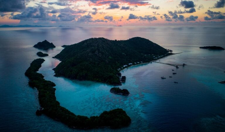 An Aerial view of Bawah reserve Indonesia at sunrise