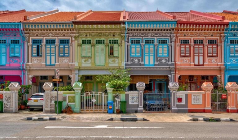 A street of colourful houses in Singapore