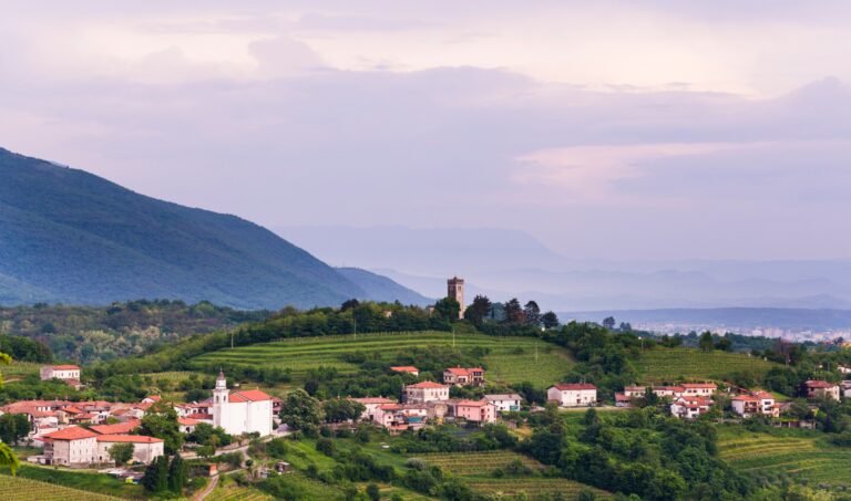 Vineyards and the hill top town of Kojsko, Goriska Brda (Gorizia Hills), in Brda, the wine region of Slovenia, Europe