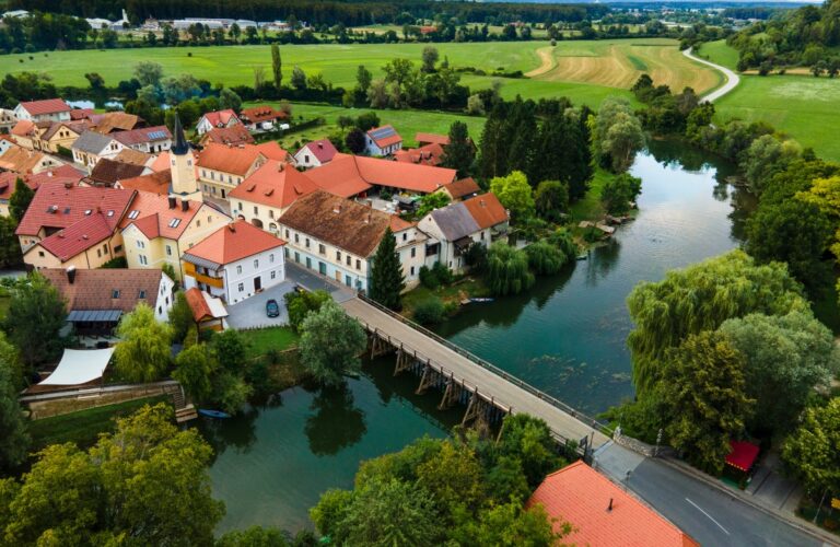 Kostanjevica na Krki Old Town Surrounded by River in Slovenia.