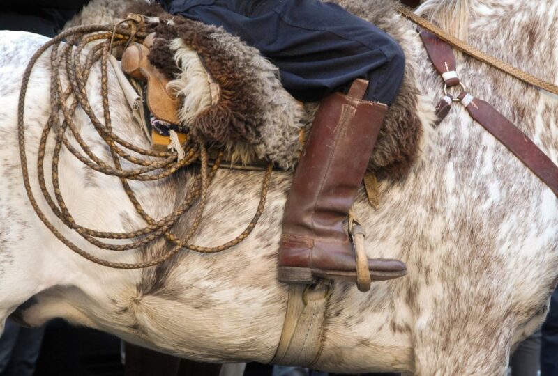 A zoomed in photo of a gaucho on horseback in the Argentinian Pampas