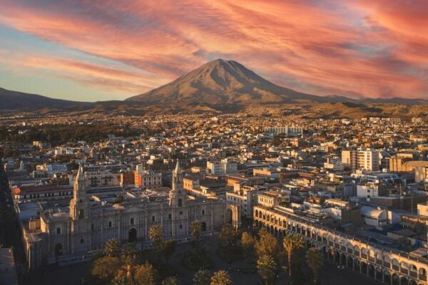 Aerial view of Arequipa with El Misti volcano in the background