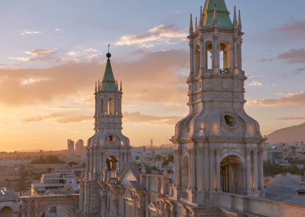 View of the bell towers of Arequipa cathedral