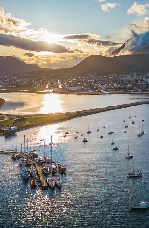 Ushuaia City Argentina Aerial View Patagonian Mountains Seascape, Town in Dreamy Picturesque Atmosphere, South American Travel Destination