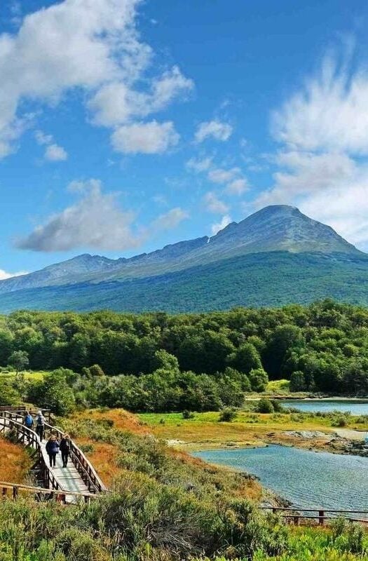 Panoramic view of Tierra del Fuego National Park, showing a volcano surrounded by green vegetation and water, against a blue sky.