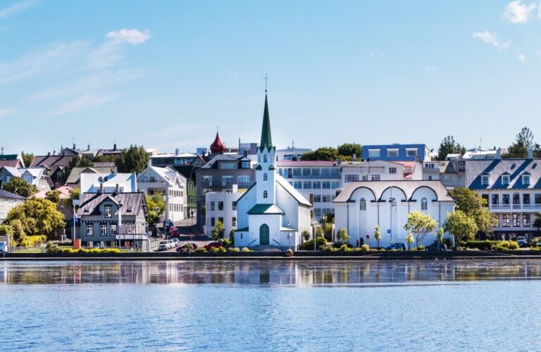 Reykjavic, Iceland city scape - lake quay in city center.