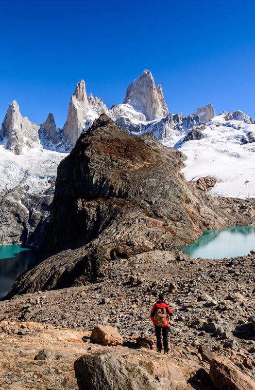 A tourist is admiring Laguna De Los Trek and and Fitz Roy Mountain, Los Glaciares National Park, Patagonia, Argentina