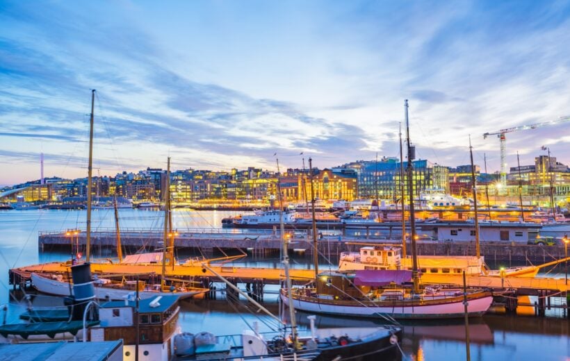 Oslo city, Oslo port with boats and yachts at twilight in Norway.