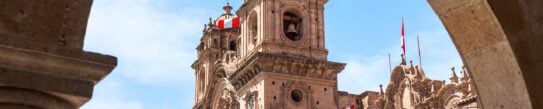 A church in the city of Cusco, Peru, seen through an archway