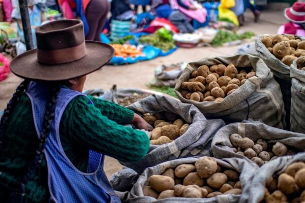 A woman selling potatoes at a market in Cusco, Peru