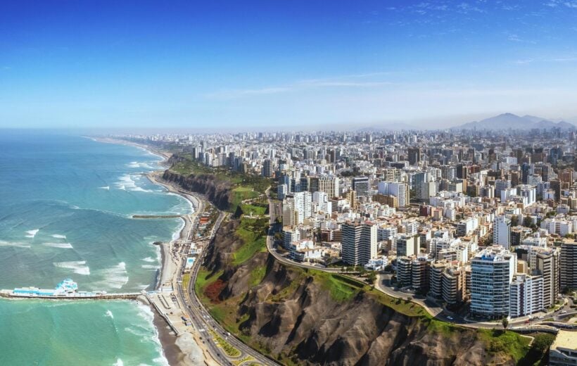 Aerial view of Lima, Peru, against the Pacific Ocean