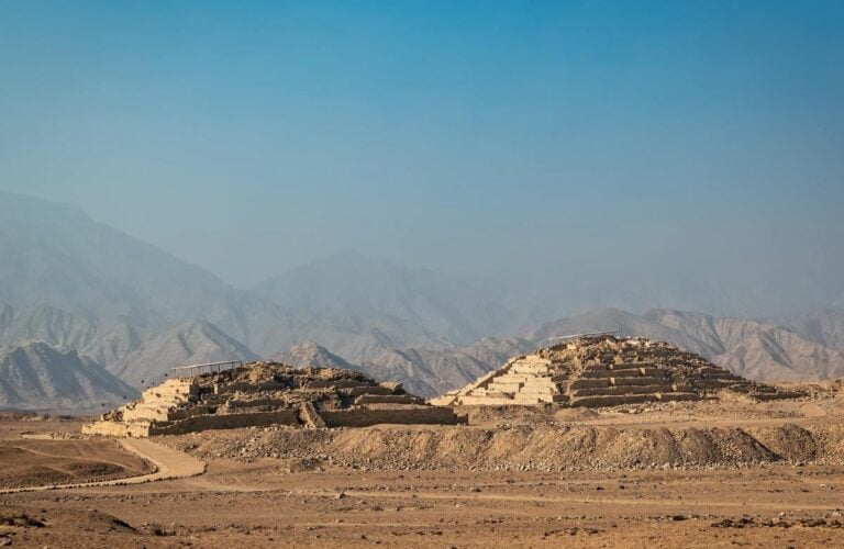 Two ancient pyramids in Caral, Peru