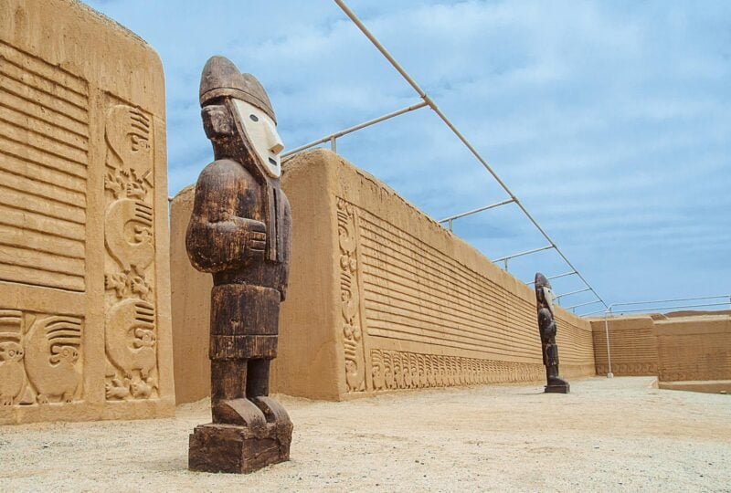 A wooden statue outside the Chan Chan citadel in Trujillo, Peru