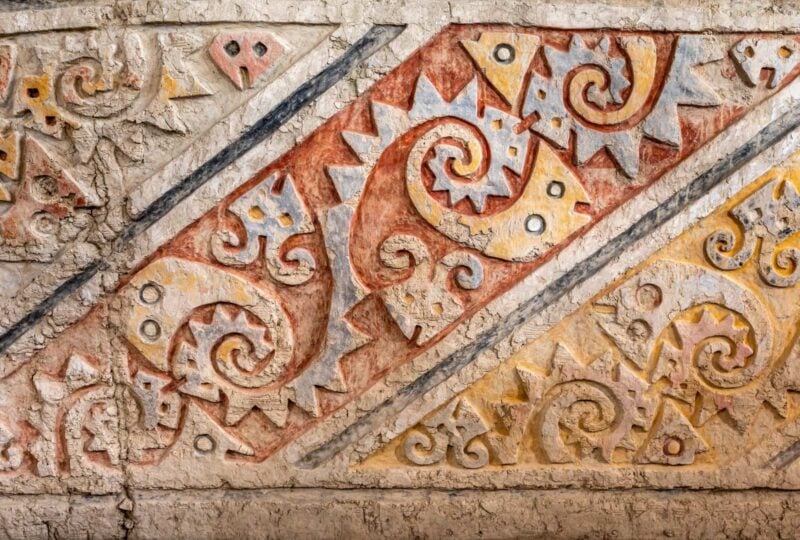 Colourful patterns on a wall in El Brujo, Trujillo, Peru