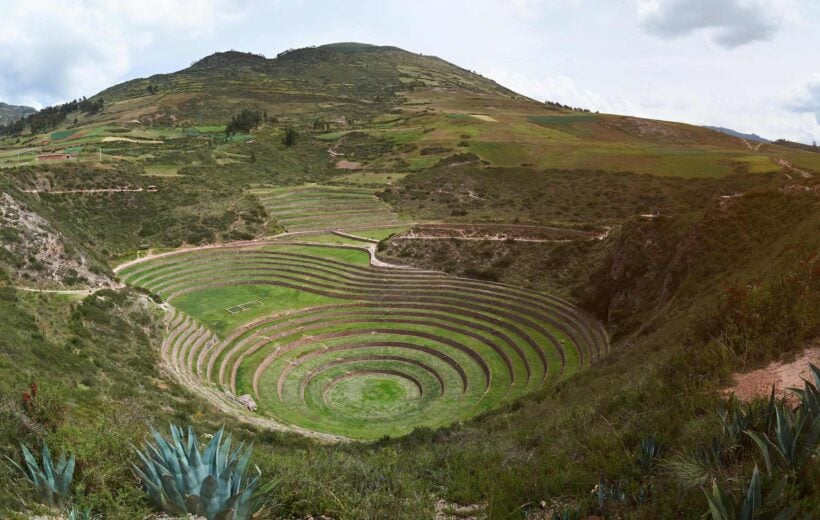 An aerial view of moray in the Sacred Valley, Peru