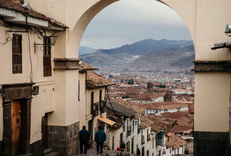 View through an archway of the streets in Cusco, Peru