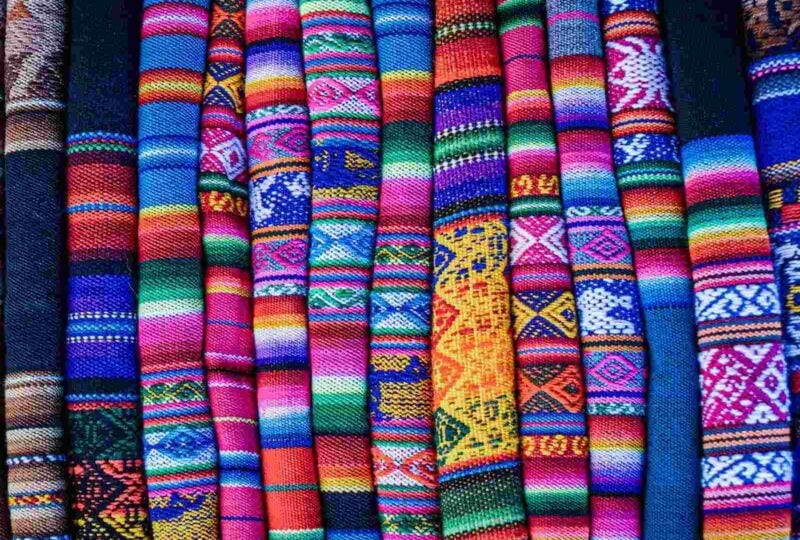 Colourful patterned fabric in San Pedro market in Cusco, Peru