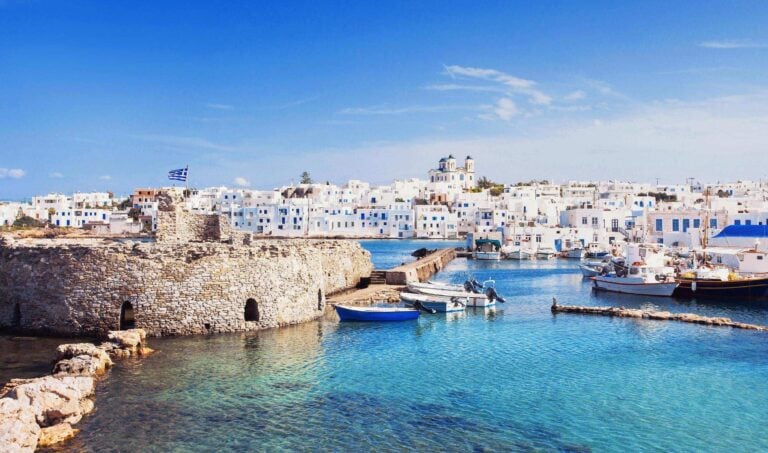 Naoussa village harbour in Paros, Greece