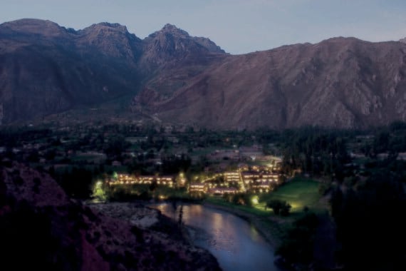 Night time exterior of Belmond Hotel Rio Sagrado, Peru