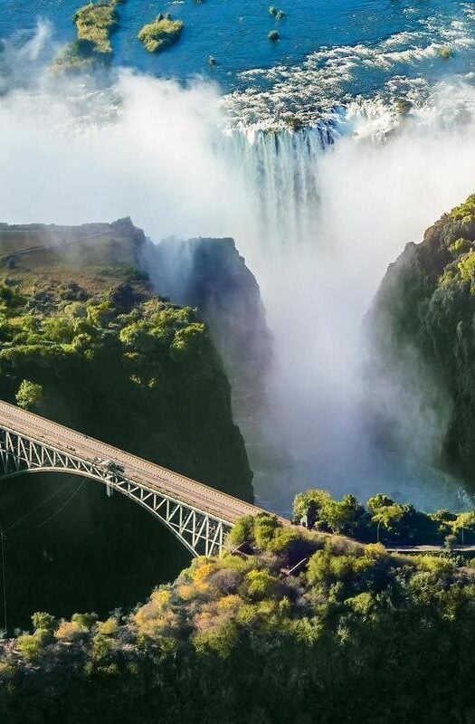 Aerial view of Victoria Falls with a bridge