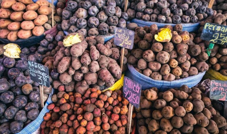 different varieties of potatoes at a market in Peru