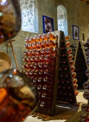 wine bottles stored in a Georgian winery