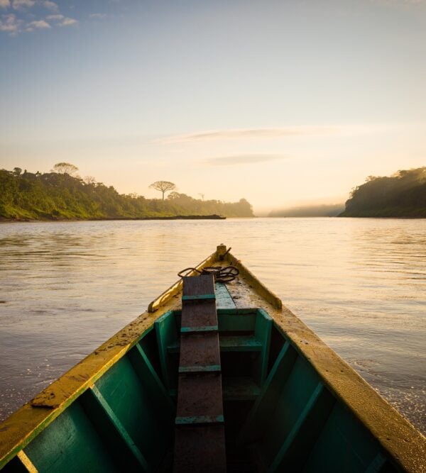 A green boat heading down a tranquil river at sunrise, with misty jungle on both sides.