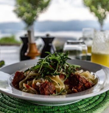 Pasta dish at Virunga Lodge in Rwanda